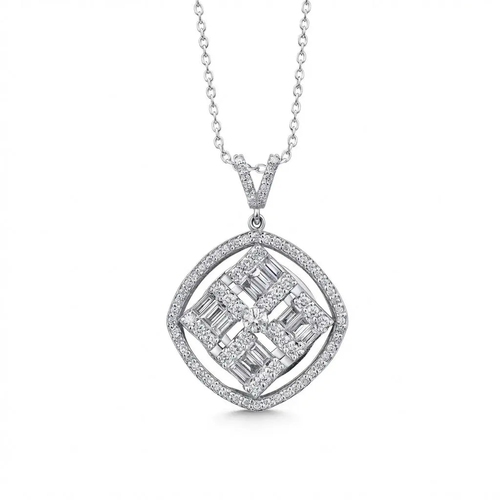14ct/14K White Gold Natural Diamond Pendant – Geometric Baguette Diamond Halo 1.03ct Majestic Jewellery
