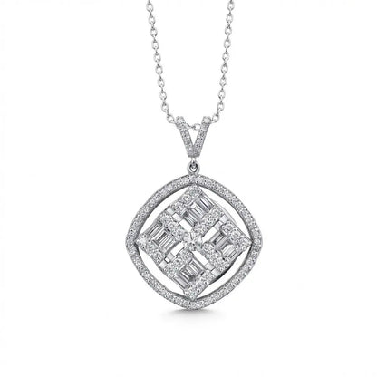 14ct/14K White Gold Natural Diamond Pendant – Geometric Baguette Diamond Halo 1.03ct Majestic Jewellery