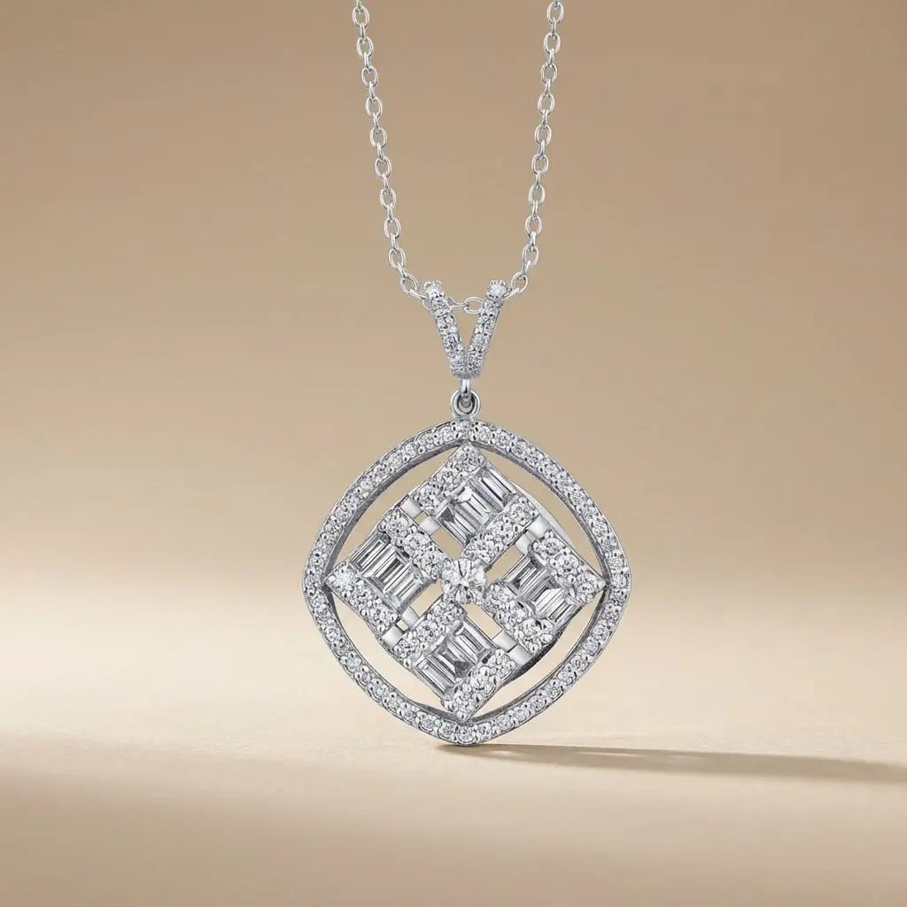 14ct/14K White Gold Natural Diamond Pendant – Geometric Baguette Diamond Halo 1.03ct Majestic Jewellery