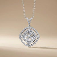 14ct/14K White Gold Natural Diamond Pendant – Geometric Baguette Diamond Halo 1.03ct Majestic Jewellery