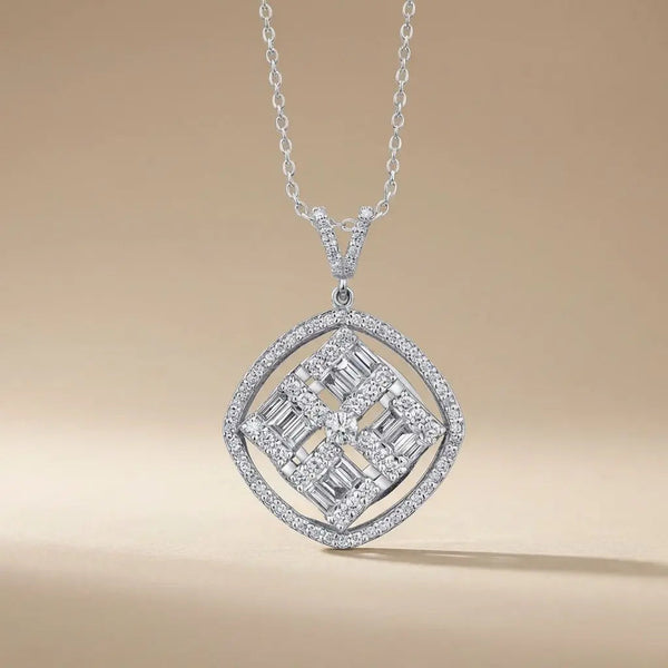 14ct/14K White Gold Natural Diamond Pendant – Geometric Baguette Diamond Halo 1.03ct Majestic Jewellery