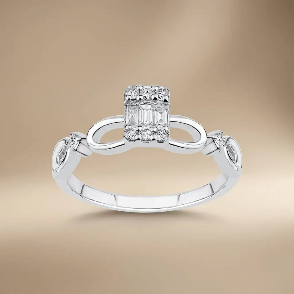 14ct/14K White Gold Natural Diamond Ring – Infinity Diamond with Baguette Center 0.1ct Majestic Jewellery