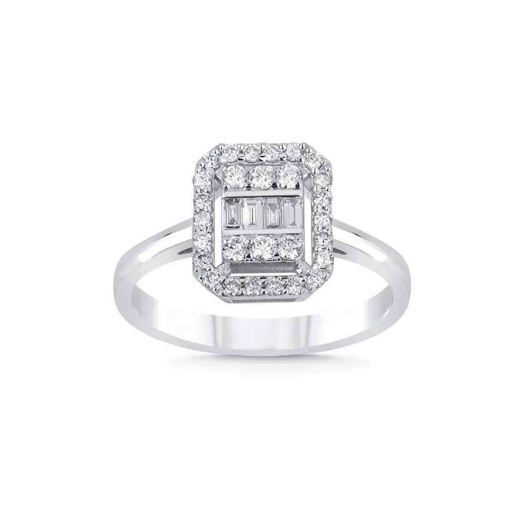 14ct/14K White Gold Natural Diamond Ring – Baguette Diamond Halo 0.39ct Majestic Jewellery