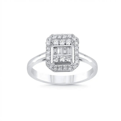14ct/14K White Gold Natural Diamond Ring – Baguette Diamond Halo 0.39ct Majestic Jewellery