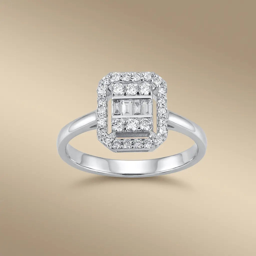 14ct/14K White Gold Natural Diamond Ring – Baguette Diamond Halo 0.39ct Majestic Jewellery