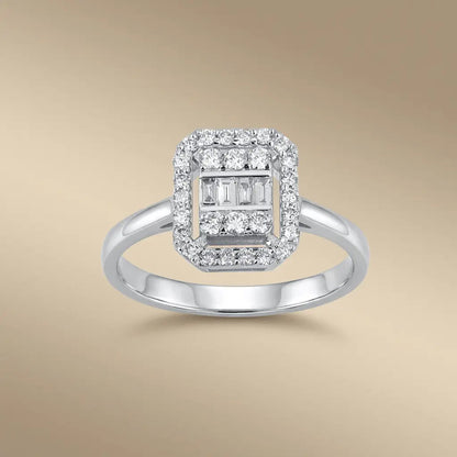 14ct/14K White Gold Natural Diamond Ring – Baguette Diamond Halo 0.39ct Majestic Jewellery