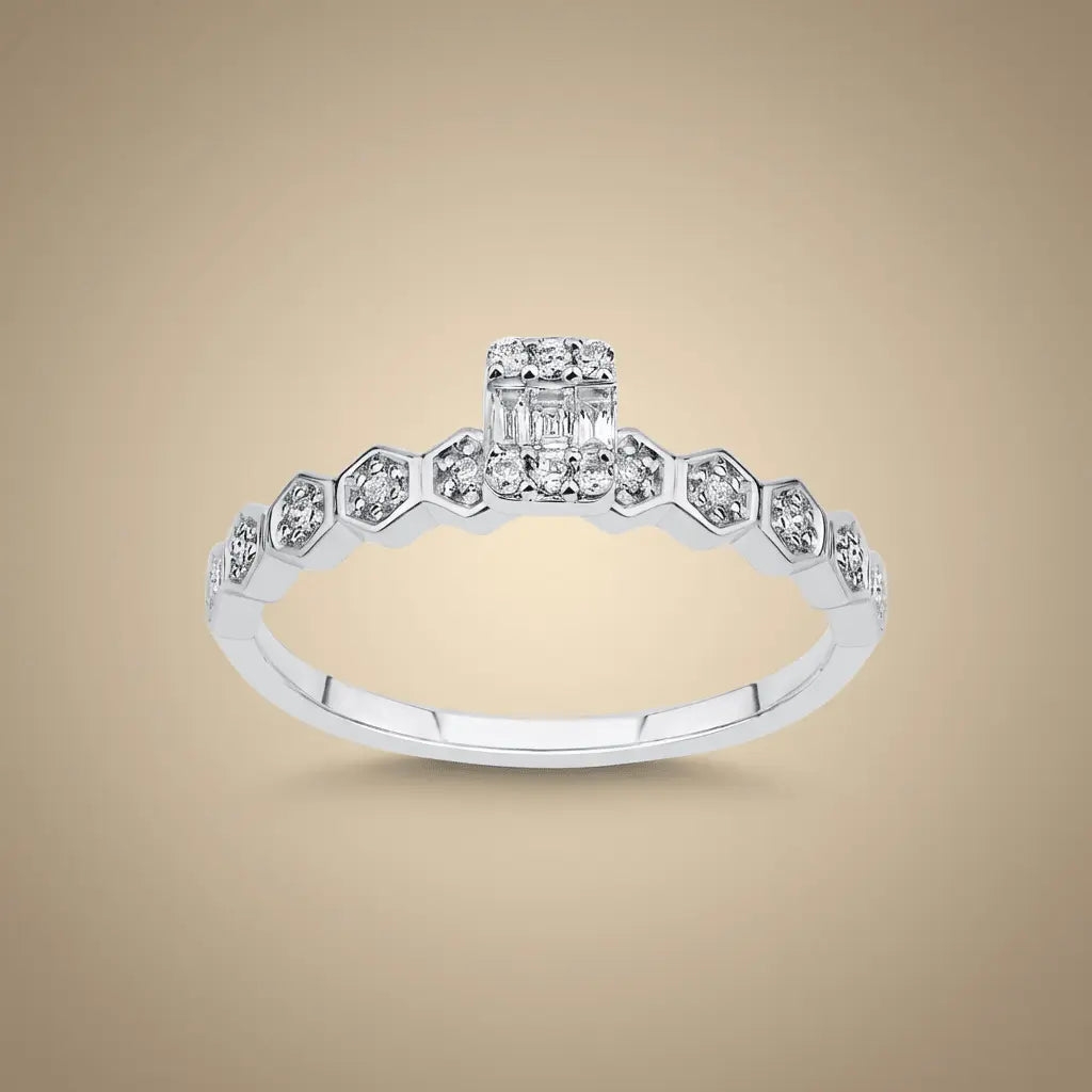 A hexagon diamond ring with a baguette center in 14K white gold, set with 0.18ct natural diamonds, by Majestic Jewellery