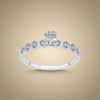 A hexagon diamond ring with a baguette center in 14K white gold, set with 0.18ct natural diamonds, by Majestic Jewellery