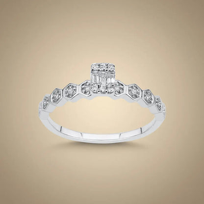 A hexagon diamond ring with a baguette center in 14K white gold, set with 0.18ct natural diamonds, by Majestic Jewellery