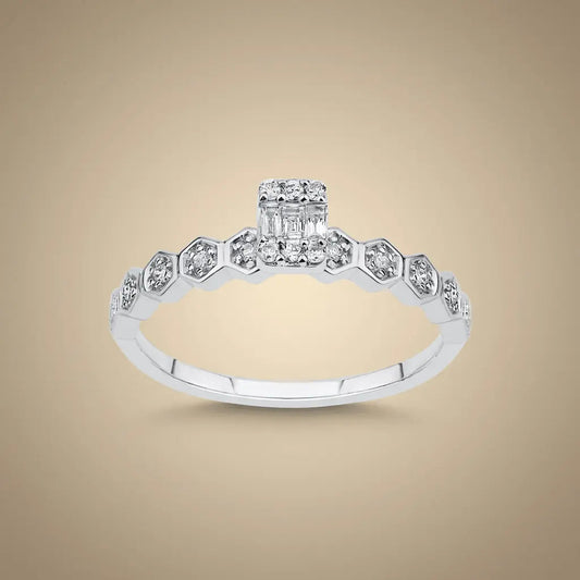 A hexagon diamond ring with a baguette center in 14K white gold, set with 0.18ct natural diamonds, by Majestic Jewellery