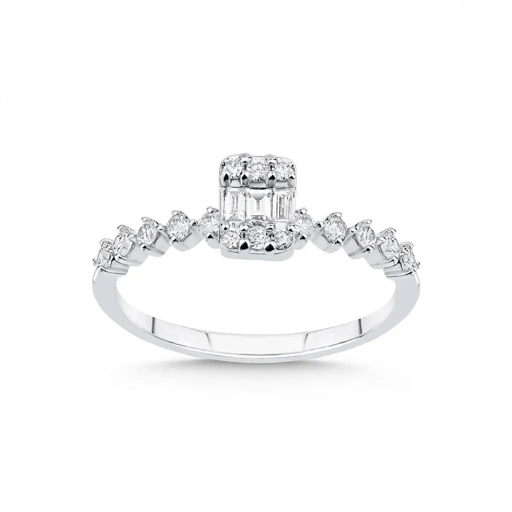 14ct white gold ring with baguette diamond cluster and 0.34ct accents, wedding ring by Majestic Jewellery