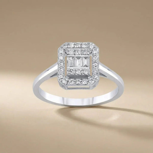 14ct/14K White Gold Natural Diamond Engagement Ring – Emerald Halo Baguette Diamond 0.29ct Majestic Jewellery
