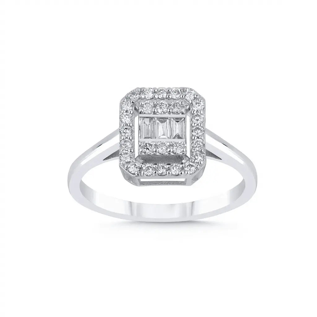 14ct/14K White Gold Natural Diamond Engagement Ring – Emerald Halo Baguette Diamond 0.29ct Majestic Jewellery
