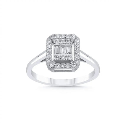 14ct/14K White Gold Natural Diamond Engagement Ring – Emerald Halo Baguette Diamond 0.29ct Majestic Jewellery