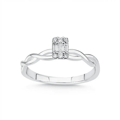 14ct white gold twisted baguette diamond ring with 0.12ct natural diamond worn on a finger by Majestic Jewellery