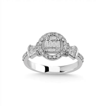 A 14ct white gold ring featuring a halo of baguette diamonds surrounding a central natural diamond, 0.52ct total weight, by M