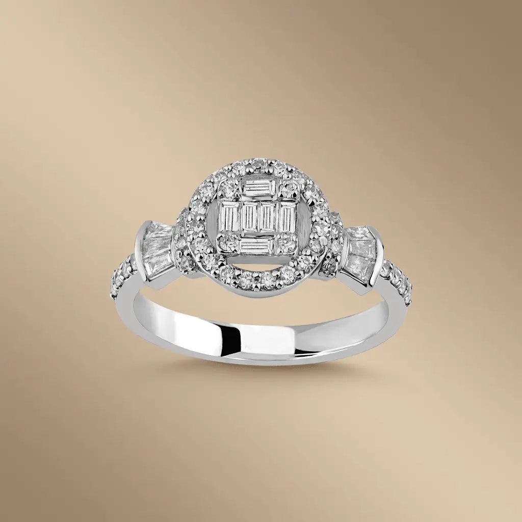 14ct white gold ring with halo of baguette diamonds and 0.52ct center diamond by Majestic Jewellery