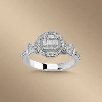 14ct white gold ring with halo of baguette diamonds and 0.52ct center diamond by Majestic Jewellery