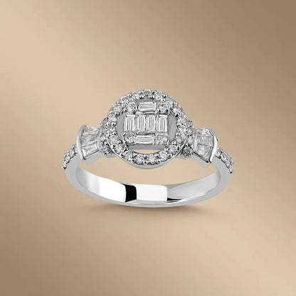 14ct white gold ring with halo of baguette diamonds and 0.52ct center diamond by Majestic Jewellery