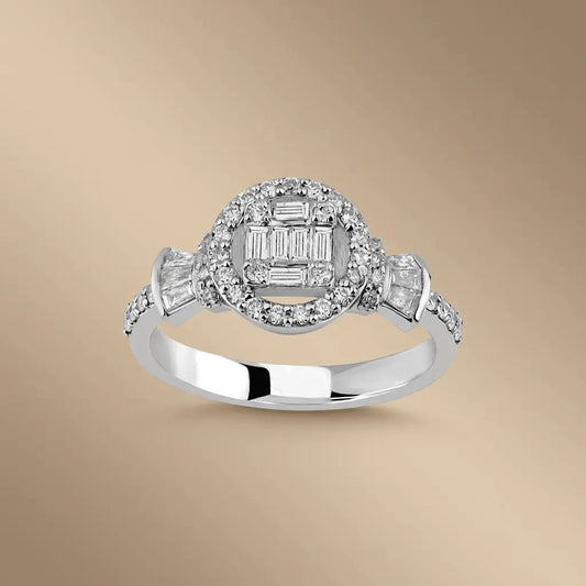 14ct white gold ring with halo of baguette diamonds and 0.52ct center diamond by Majestic Jewellery