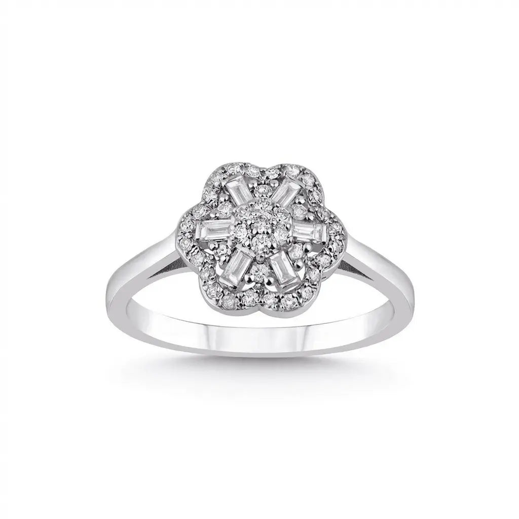 14ct/14K White Gold Natural Diamond Ring – Vintage Flower Diamond Cluster 0.3ct Majestic Jewellery