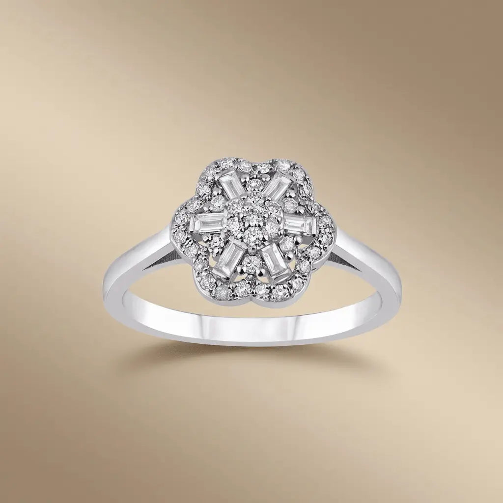 14ct/14K White Gold Natural Diamond Ring – Vintage Flower Diamond Cluster 0.3ct Majestic Jewellery