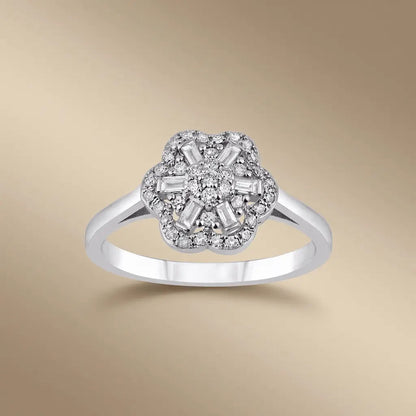 14ct/14K White Gold Natural Diamond Ring – Vintage Flower Diamond Cluster 0.3ct Majestic Jewellery