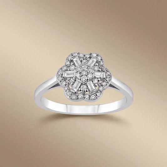 14ct/14K White Gold Natural Diamond Ring – Vintage Flower Diamond Cluster 0.3ct Majestic Jewellery