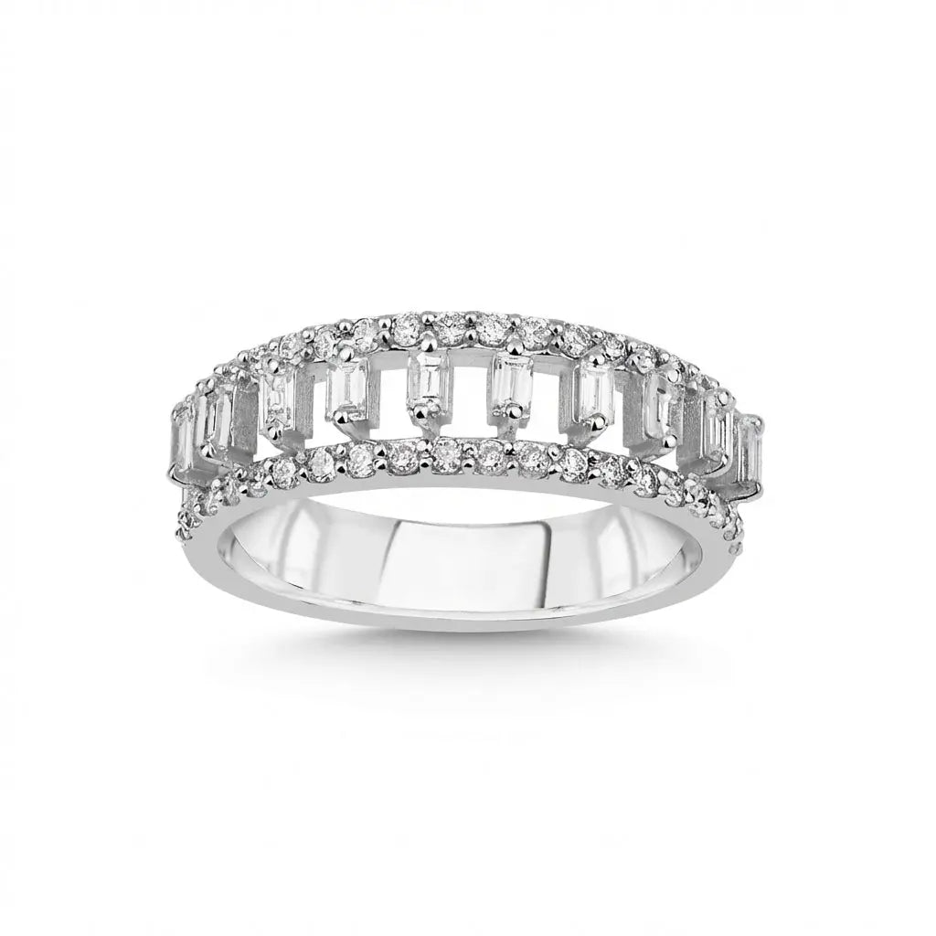 14ct/14K White Gold Natural Diamond Ring – Baguette Round Diamond Openwork 0.64ct Majestic Jewellery