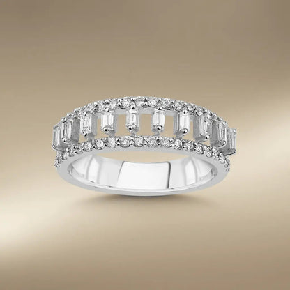 14ct/14K White Gold Natural Diamond Ring – Baguette Round Diamond Openwork 0.64ct Majestic Jewellery