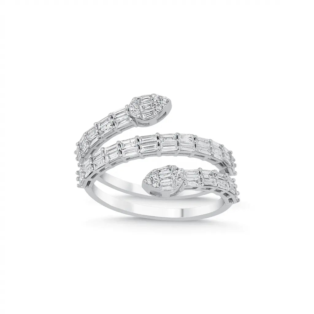 14ct white gold ring with a wrap style baguette diamond 1.01ct by Majestic Jewellery