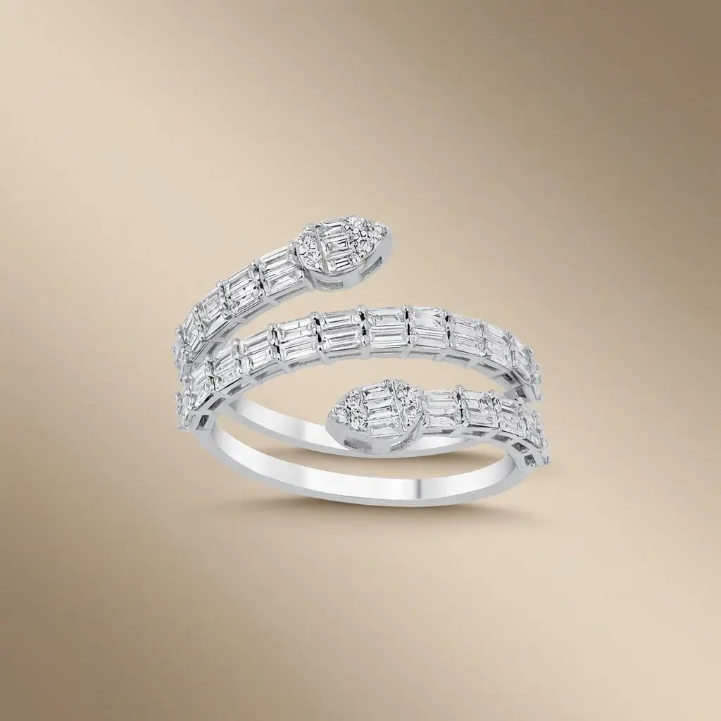 14ct white gold ring with a 1.01ct baguette diamond wrap style by Majestic Jewellery.