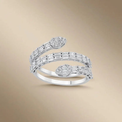 14ct white gold ring with a 1.01ct baguette diamond wrap style by Majestic Jewellery.
