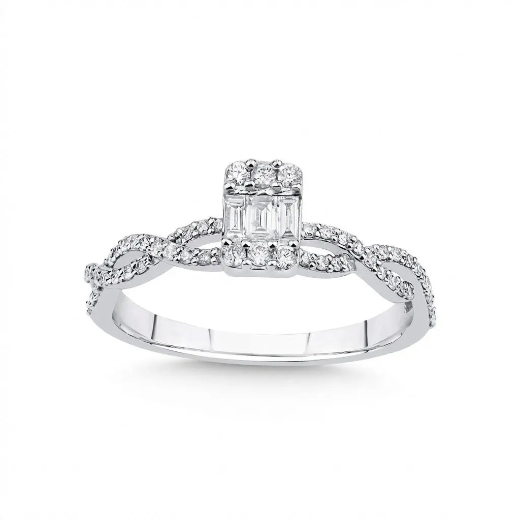 14ct/14K White Gold Natural Diamond Ring – Baguette Diamond Center with Pavé Infinity 0.31ct Majestic Jewellery