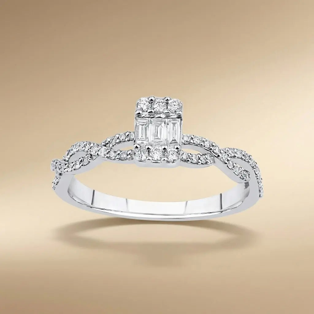 14ct/14K White Gold Natural Diamond Ring – Baguette Diamond Center with Pavé Infinity 0.31ct Majestic Jewellery