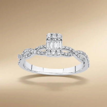 14ct/14K White Gold Natural Diamond Ring – Baguette Diamond Center with Pavé Infinity 0.31ct Majestic Jewellery