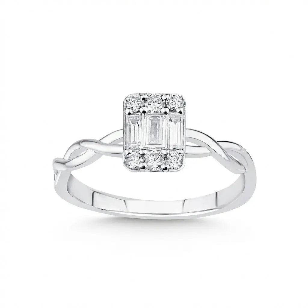 14ct/14K White Gold Natural Diamond Ring – Baguette Diamond Cluster with Twisted 0.34ct Majestic Jewellery