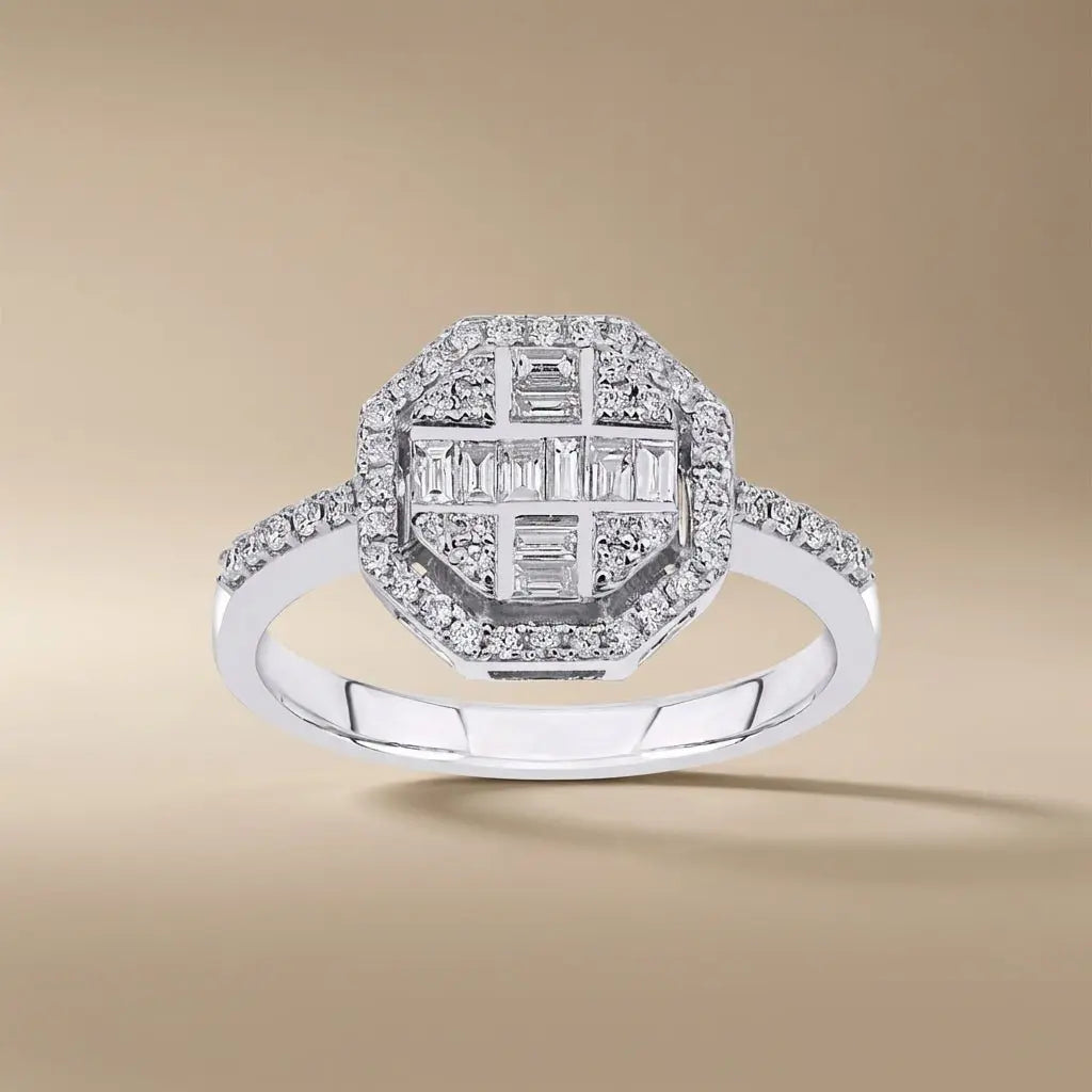 14ct/14K White Gold Natural Diamond Ring – Geometric Baguette Round Diamond Halo 0.5ct Majestic Jewellery