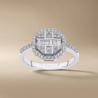 14ct/14K White Gold Natural Diamond Ring – Geometric Baguette Round Diamond Halo 0.5ct Majestic Jewellery