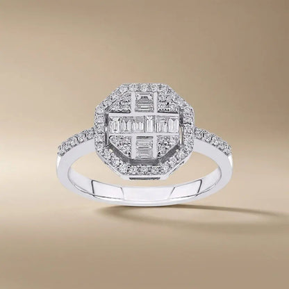14ct/14K White Gold Natural Diamond Ring – Geometric Baguette Round Diamond Halo 0.5ct Majestic Jewellery