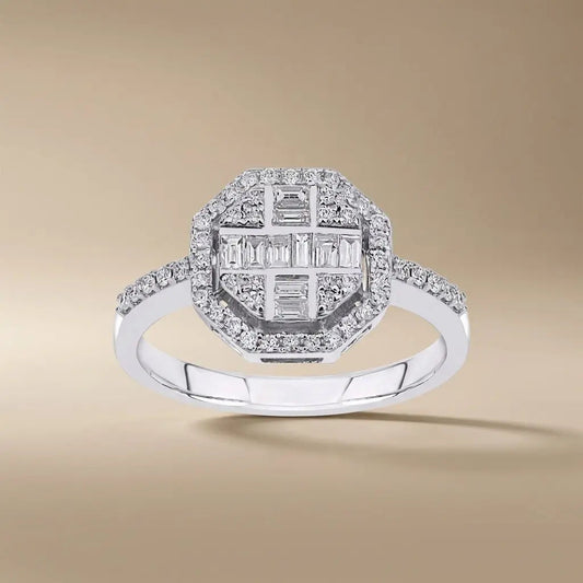 14ct/14K White Gold Natural Diamond Ring – Geometric Baguette Round Diamond Halo 0.5ct Majestic Jewellery