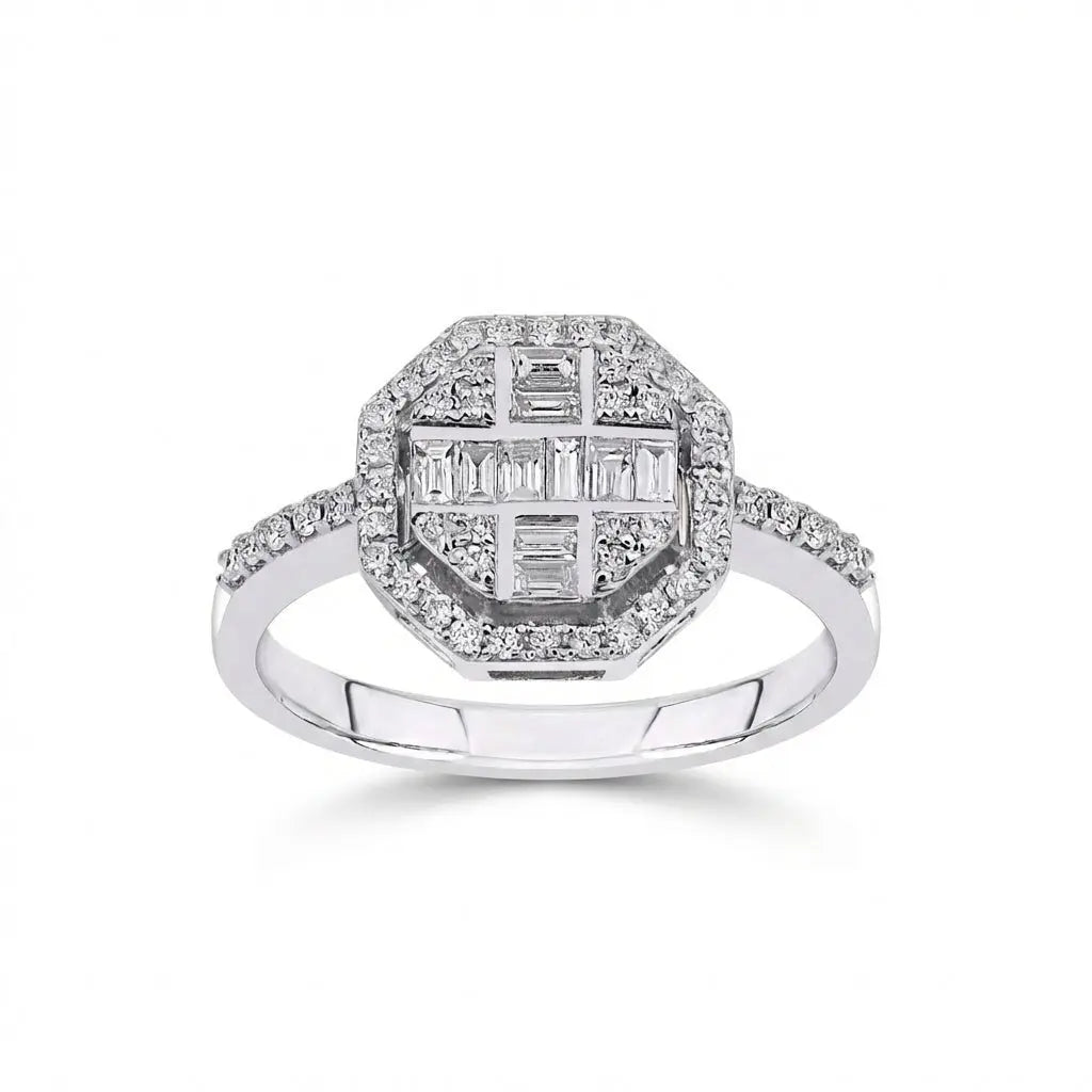 14ct/14K White Gold Natural Diamond Ring – Geometric Baguette Round Diamond Halo 0.5ct Majestic Jewellery