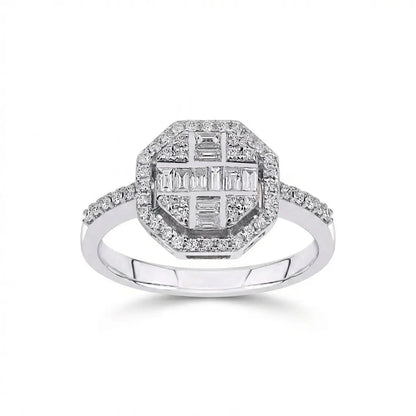 14ct/14K White Gold Natural Diamond Ring – Geometric Baguette Round Diamond Halo 0.5ct Majestic Jewellery
