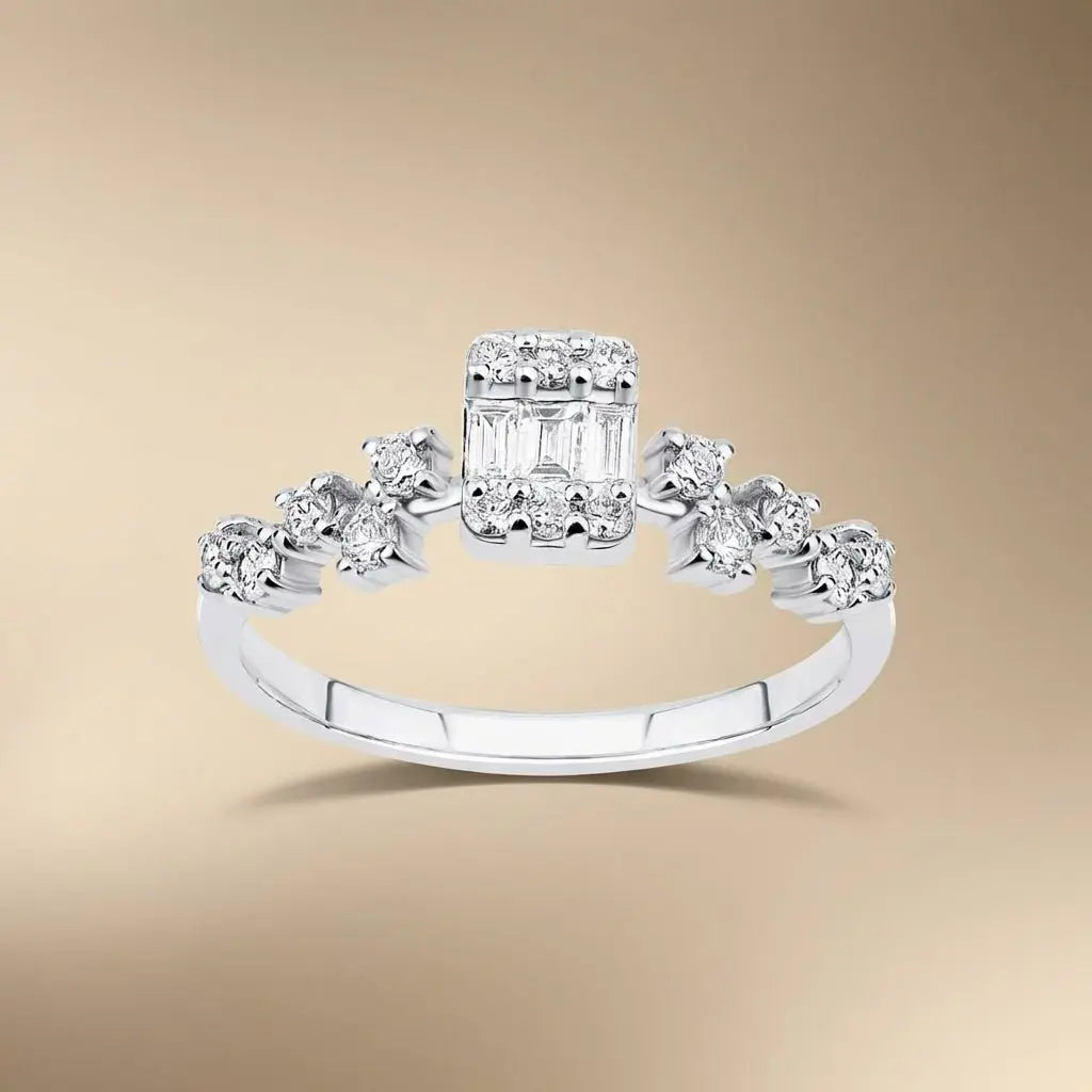14ct/14K White Gold Natural Diamond Ring – Baguette Center Diamond with Round Diamond Accents 0.37ct Majestic Jewellery