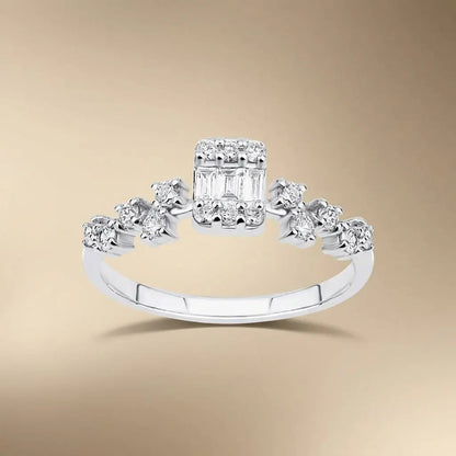 14ct/14K White Gold Natural Diamond Ring – Baguette Center Diamond with Round Diamond Accents 0.37ct Majestic Jewellery