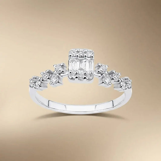 14ct/14K White Gold Natural Diamond Ring – Baguette Center Diamond with Round Diamond Accents 0.37ct Majestic Jewellery