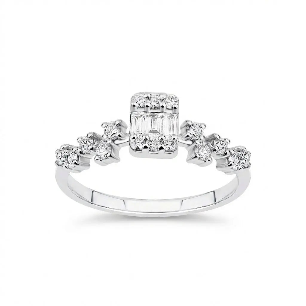 14ct/14K White Gold Natural Diamond Ring – Baguette Center Diamond with Round Diamond Accents 0.37ct Majestic Jewellery