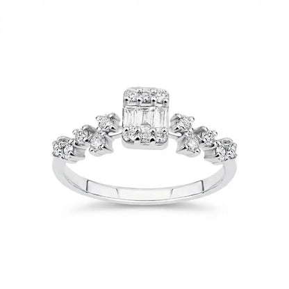 14ct/14K White Gold Natural Diamond Ring – Baguette Center Diamond with Round Diamond Accents 0.37ct Majestic Jewellery