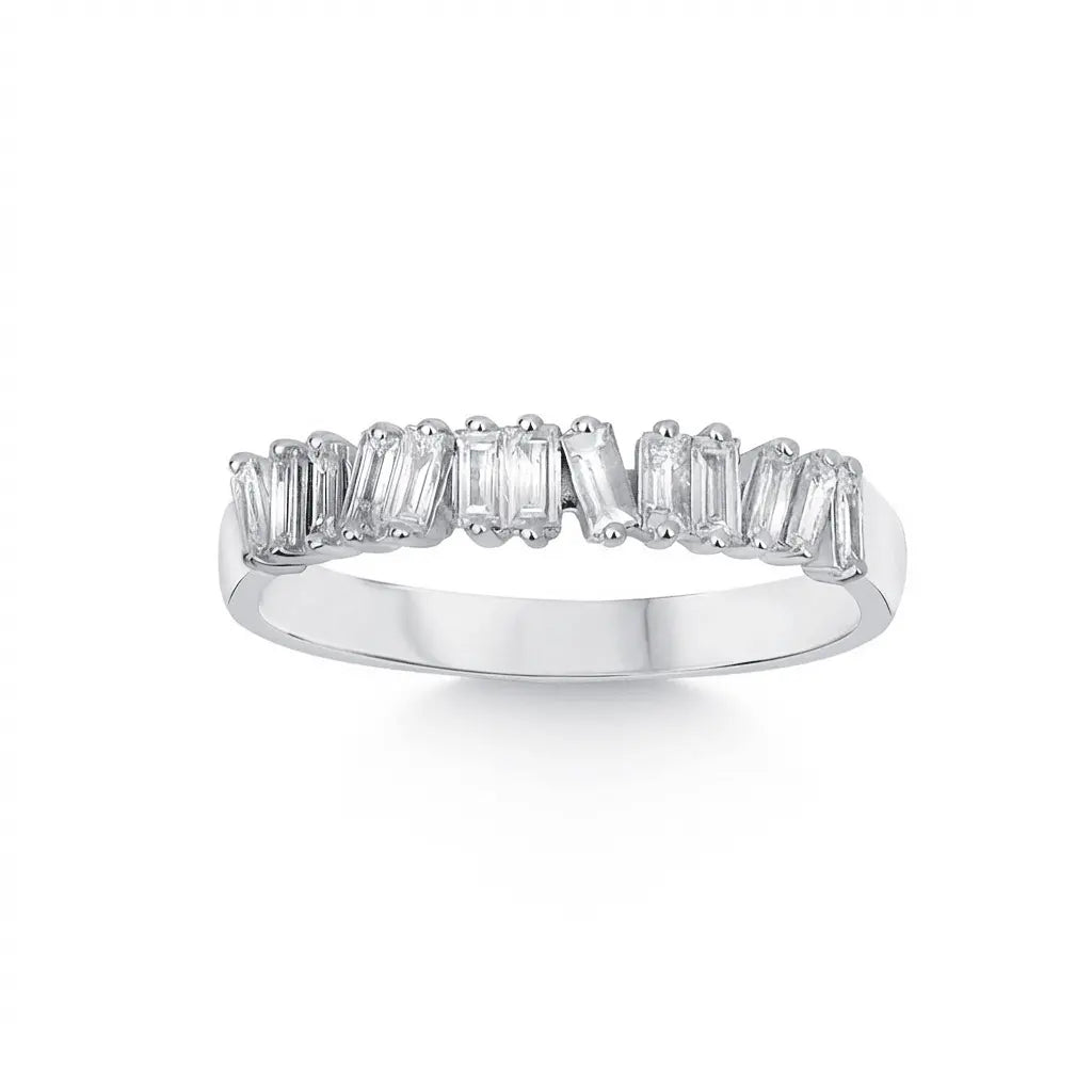 14ct white gold ring with a 0.36ct baguette diamond set in a wedding band by Majestic Jewellery.