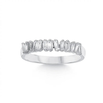 14ct white gold ring with a 0.36ct baguette diamond set in a wedding band by Majestic Jewellery.